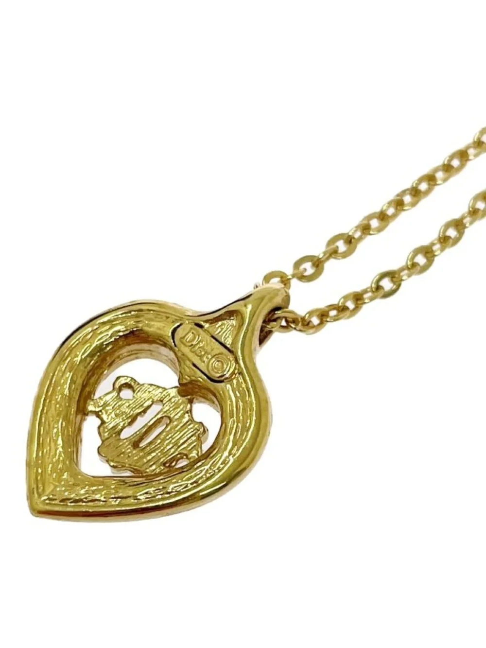 Dior Rhinestone Emblem Logo Heart Necklace Gold